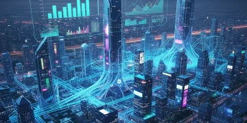 Futuristic cityscape with data flows representing AI integration in US businesses, showing recent trends.