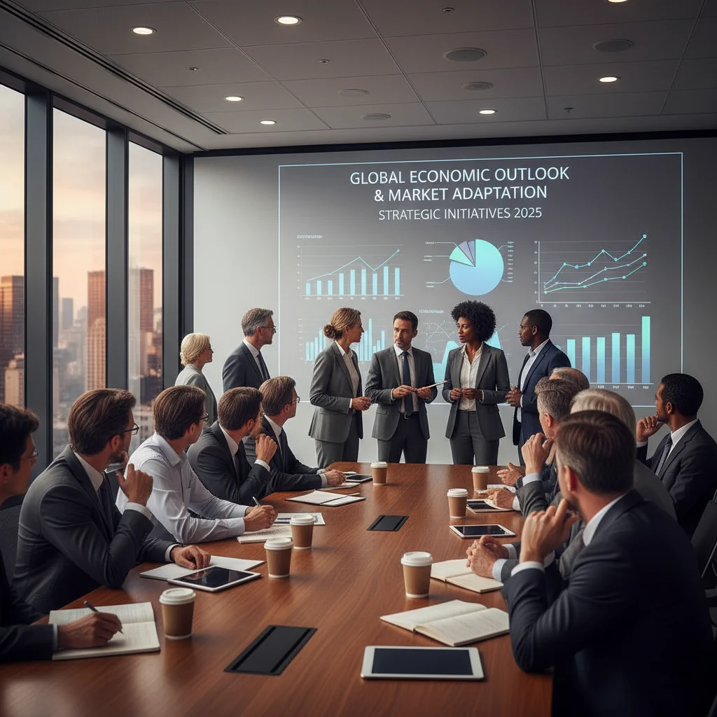 Business professionals in a meeting analyzing market trends and strategic planning for economic growth.