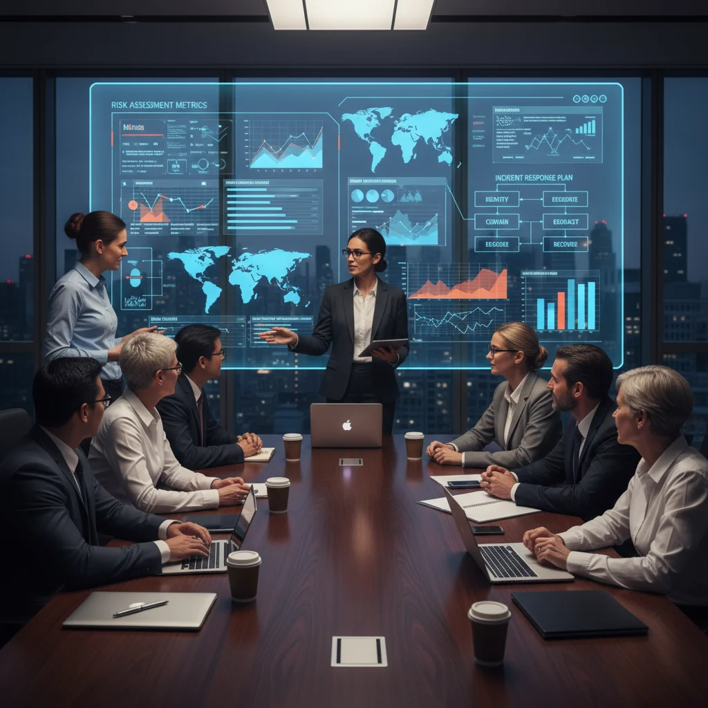Team collaborating on corporate cybersecurity strategy and incident response planning