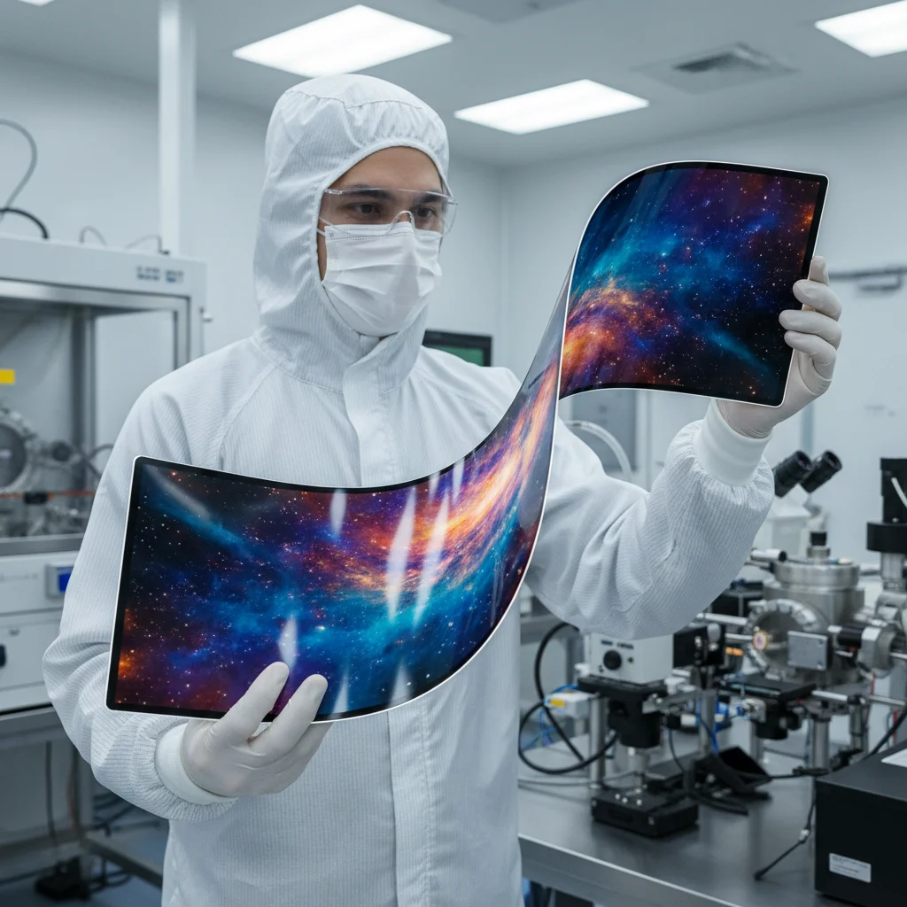 Scientist showcasing a flexible electronic display in a cleanroom