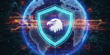 Global cybersecurity threats impacting U.S. corporations, digital shield protecting data