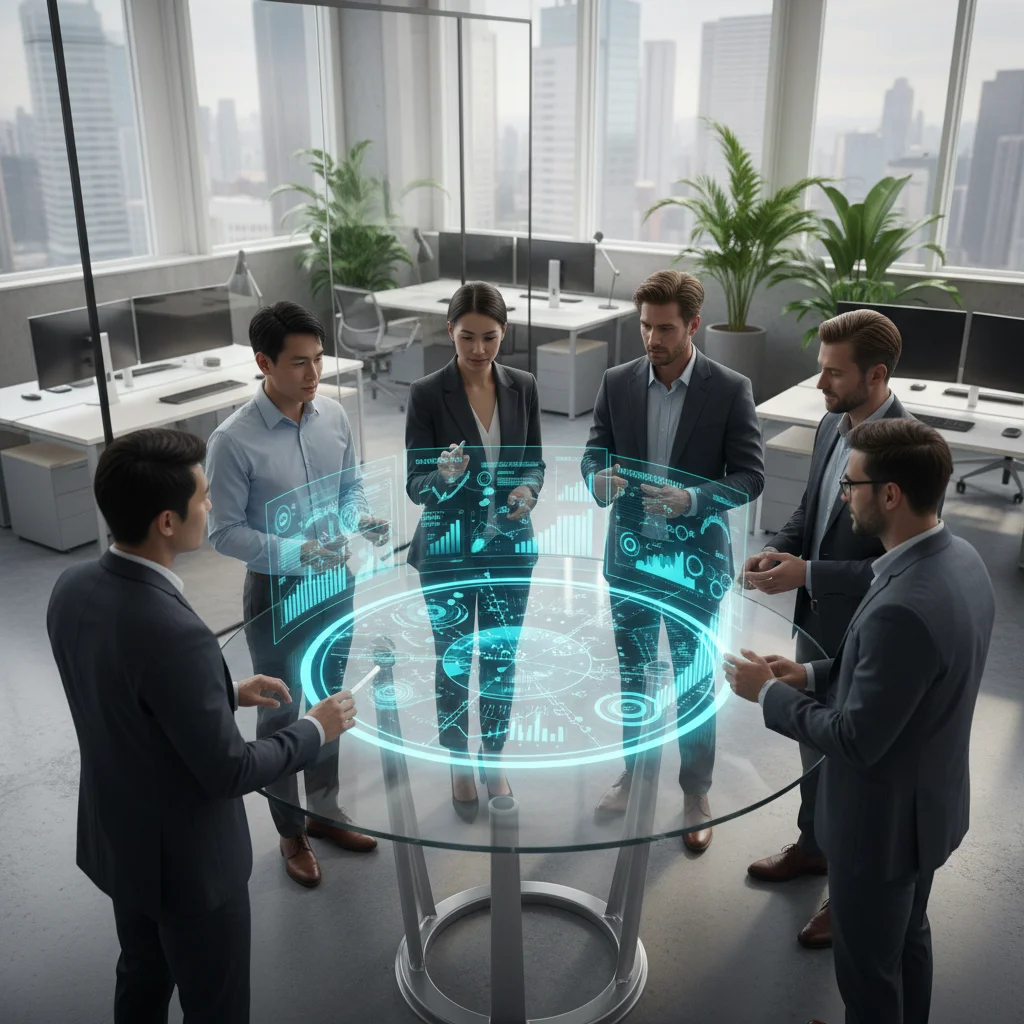 Professionals analyzing AI-driven data on a holographic display, demonstrating human-AI collaboration.