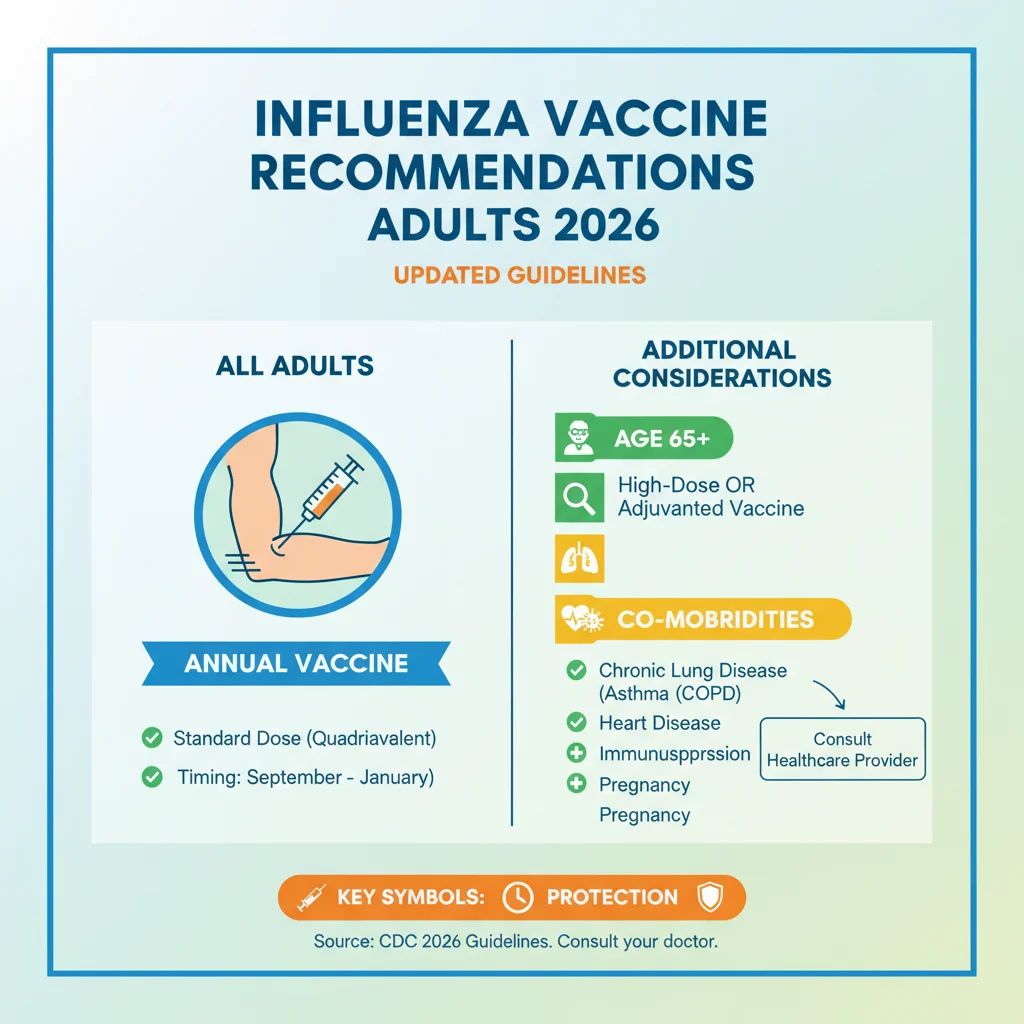 Infographic showing 2026 influenza vaccine recommendations for adults by age and health status.