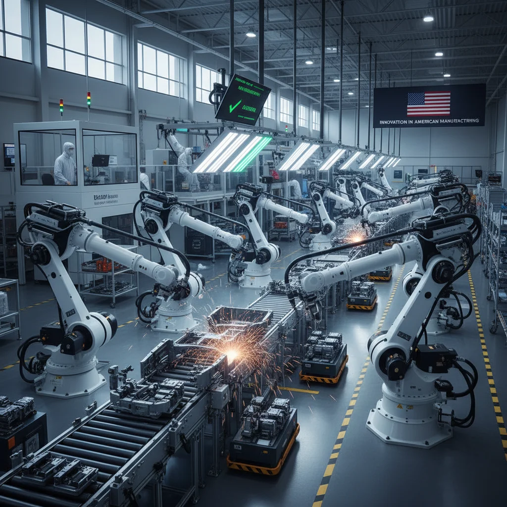 Robotic arms automating production in a US factory, symbolizing advanced manufacturing and supply chain efficiency.