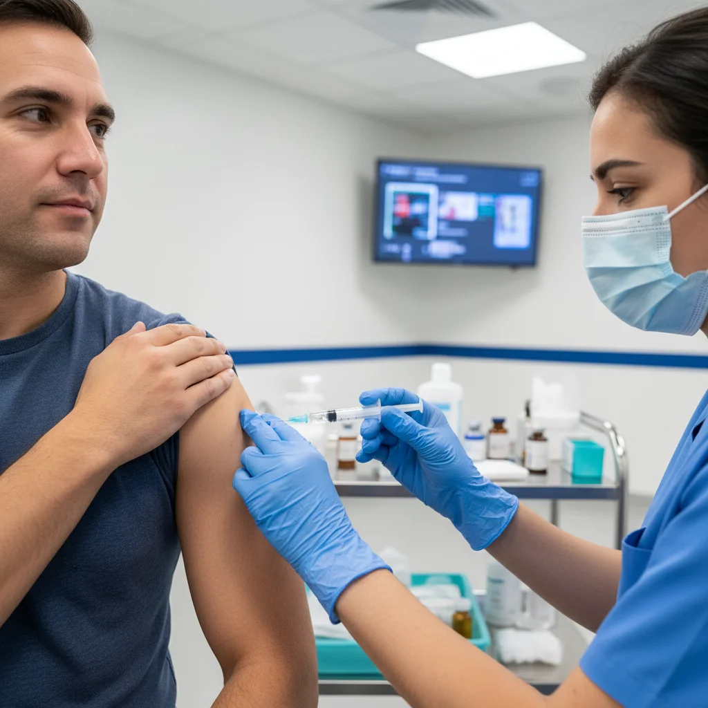 Healthcare worker administering a vaccine to an adult patient.