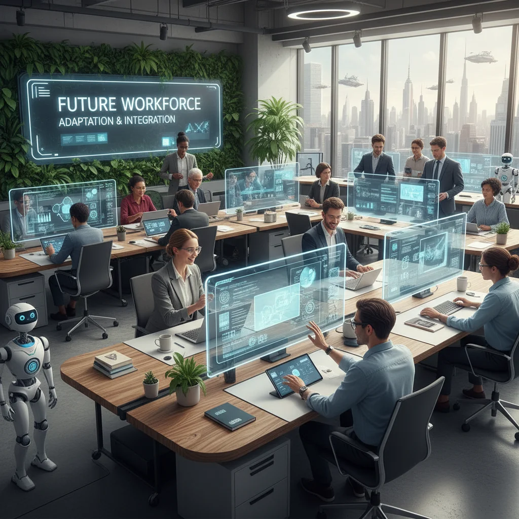 Diverse workforce collaborating in a modern office, highlighting technology and adaptation for economic success.