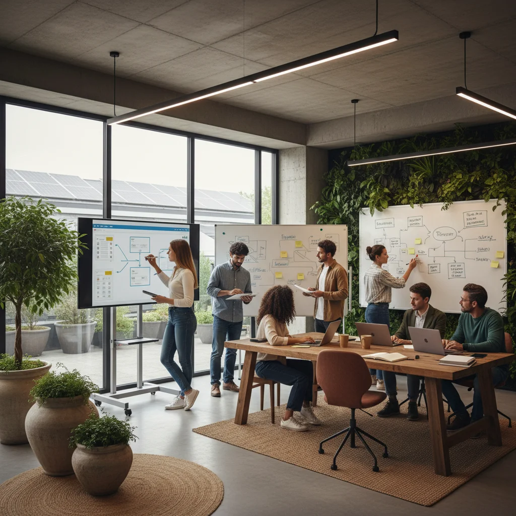 Diverse team collaborating in an agile office setting, showcasing innovative and sustainable business practices