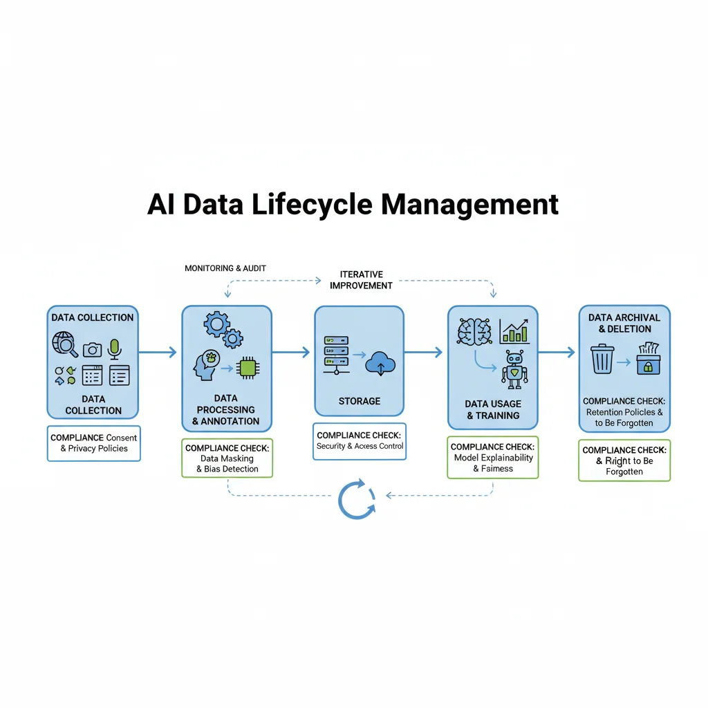 Data lifecycle management flowchart for AI systems, highlighting compliance checkpoints.