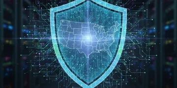 Digital shield protecting AI data, symbolizing US data privacy compliance for businesses.