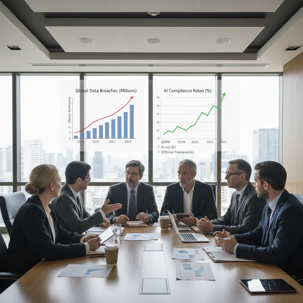 Business professionals discussing AI ethics and data privacy regulations in a meeting.