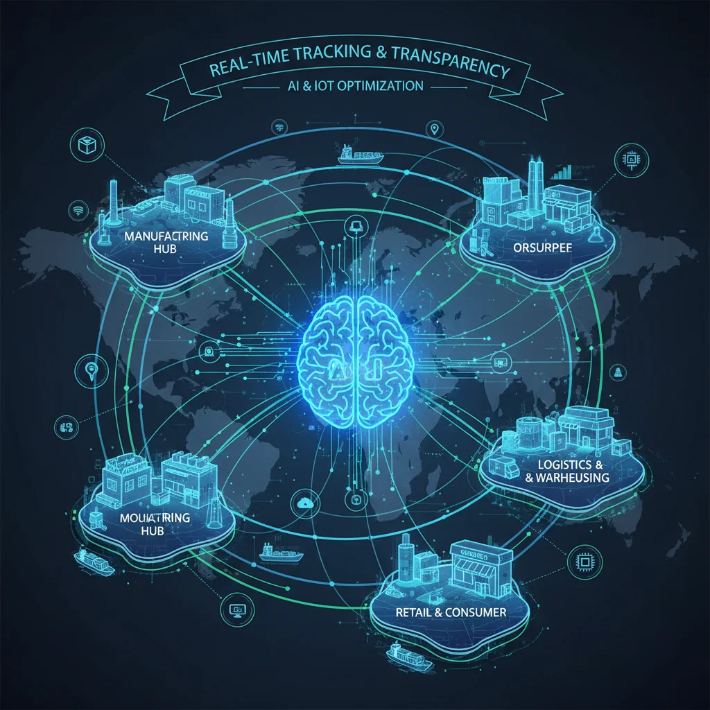 Interconnected supply chain network with data flow, symbolizing AI and IoT for supply chain optimization