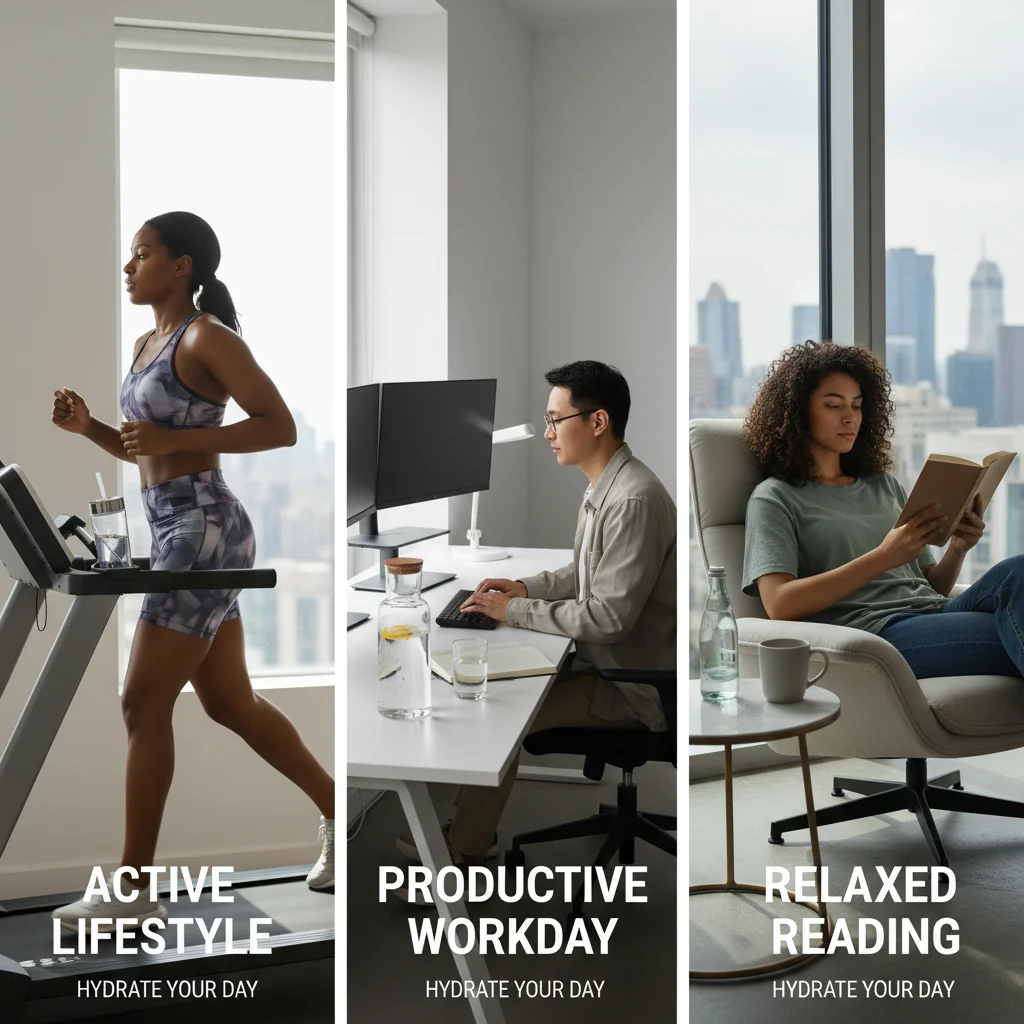 Diverse people hydrating during daily activities, emphasizing varied fluid needs.