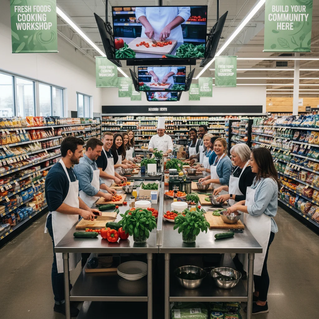 Customers enjoying an interactive cooking class in a modern grocery store