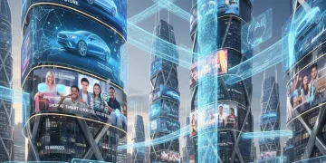 Futuristic digital advertising landscape in 2026 with AI and data streams