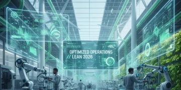 Futuristic factory floor with data analytics, robots, and human workers, representing lean business trends 2026 efficiency