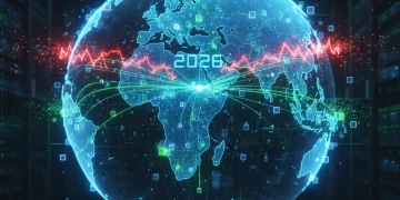 Global semiconductor supply chain map with interconnected nodes and stressed areas, hinting at 2026 challenges.