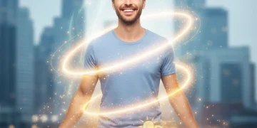 Smiling person with strong immune system, surrounded by Vitamin C, D, and Zinc, set against a modern US city backdrop.