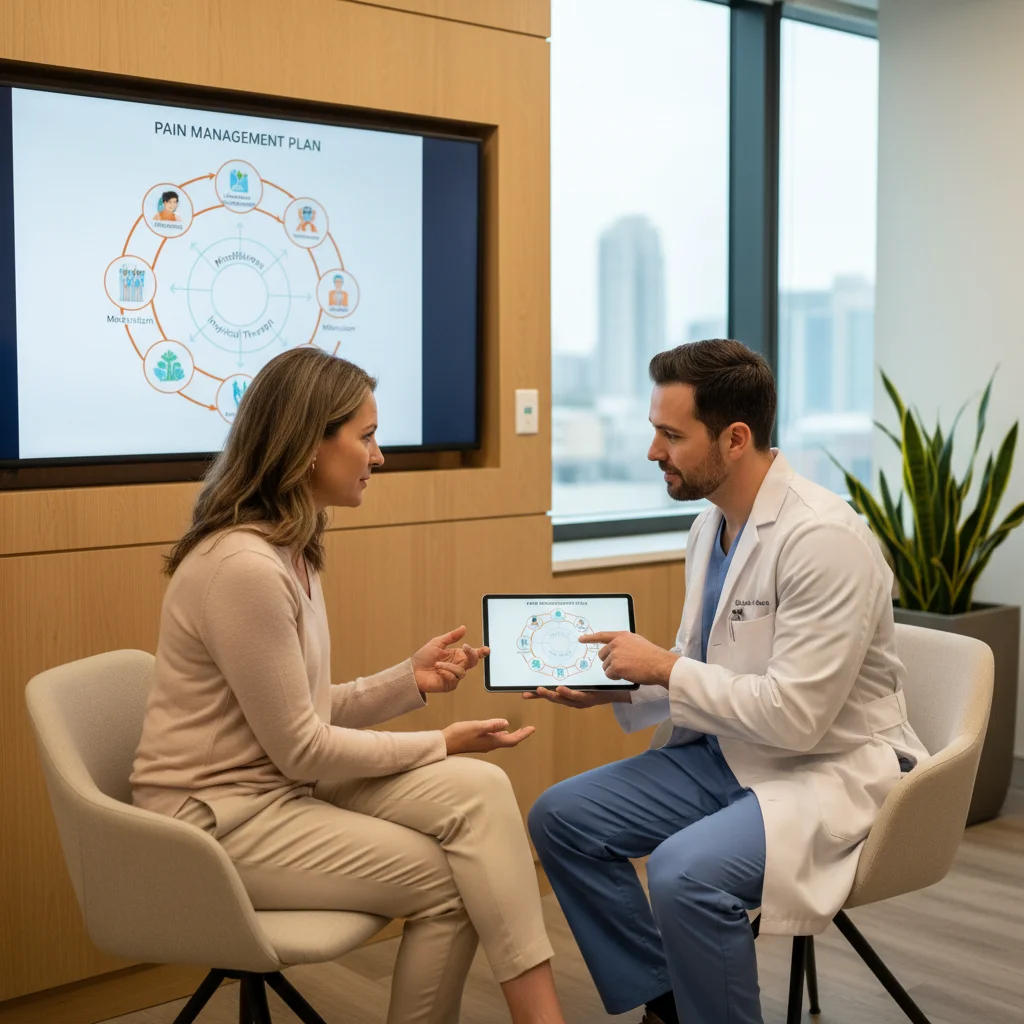 Patient consulting healthcare professional about chronic pain management