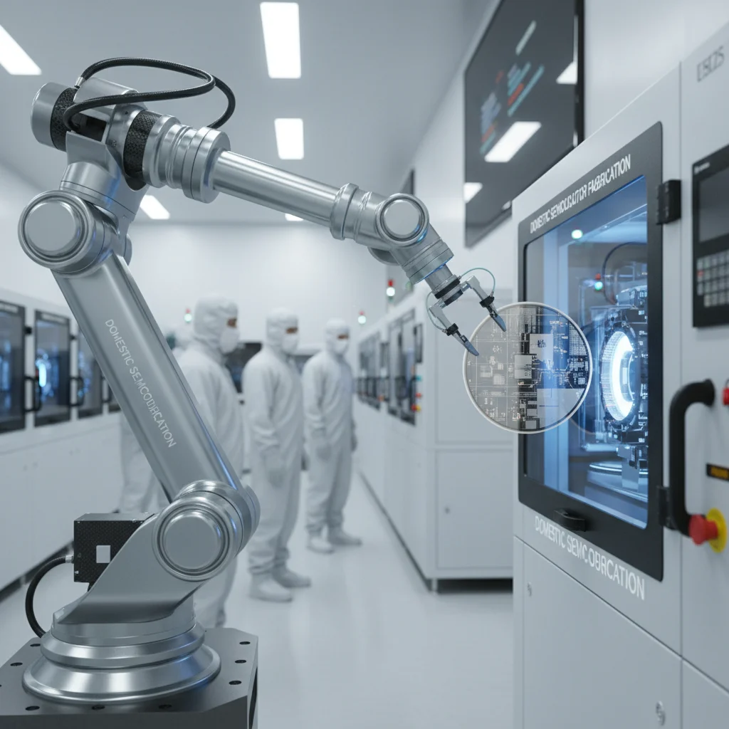 Robotic arm placing silicon wafer in cleanroom, symbolizing advanced semiconductor manufacturing.