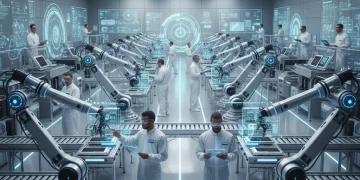 Robotic arms in a modern factory collaborating with human workers