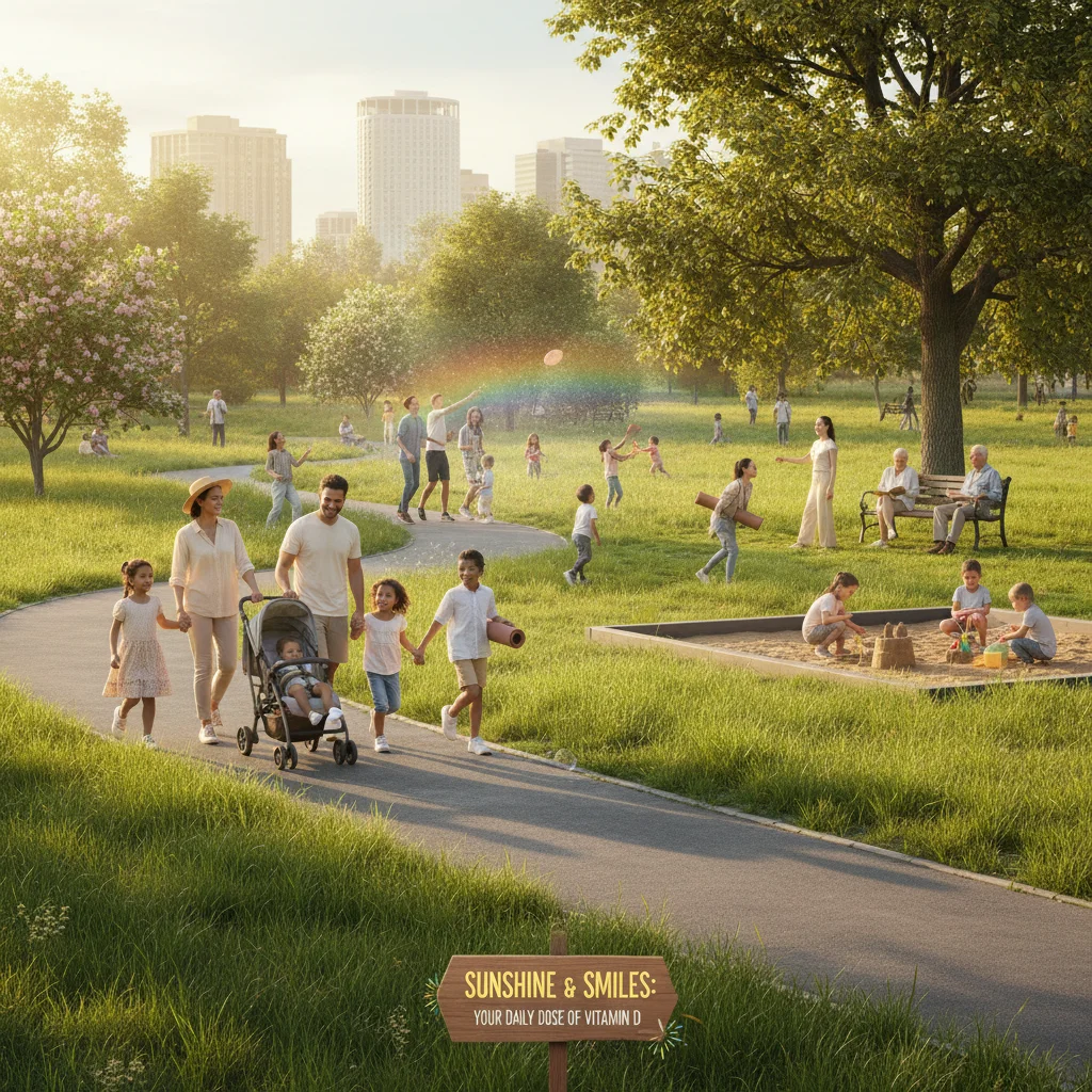 Diverse people enjoying sunlight outdoors in a park, representing natural Vitamin D exposure.