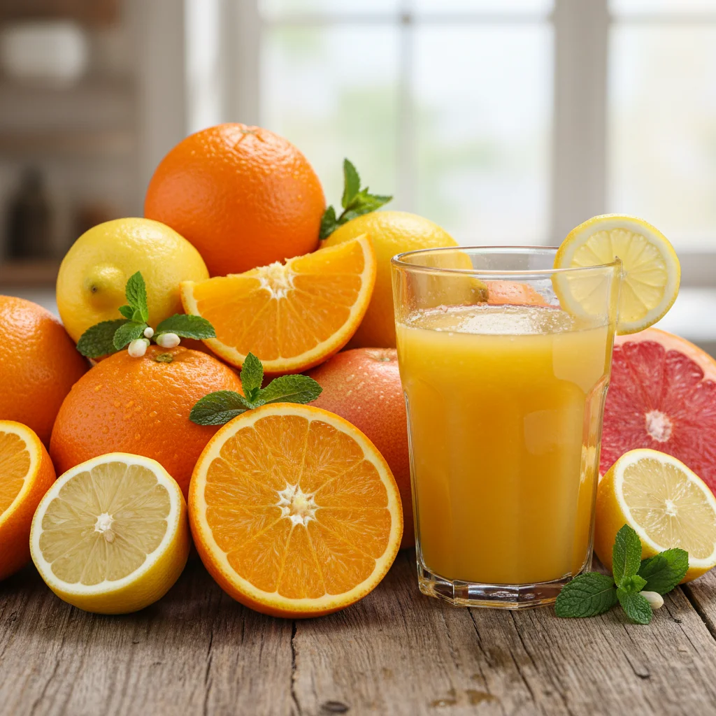 Fresh citrus fruits and orange juice, rich in Vitamin C, on a wooden table.