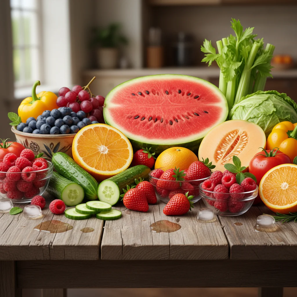 Assortment of water-rich fruits and vegetables, showcasing food-based hydration.