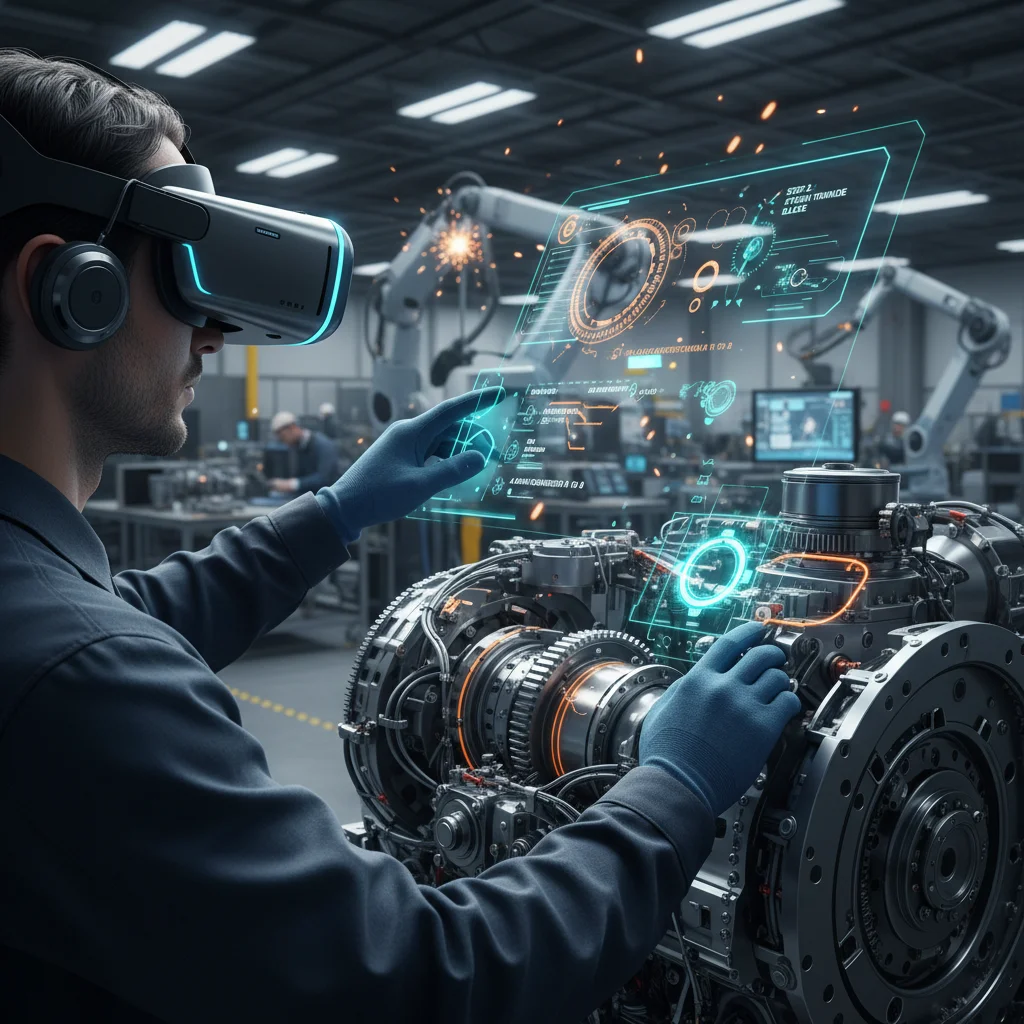 Manufacturing technician using augmented reality for step-by-step assembly guidance on complex machinery.