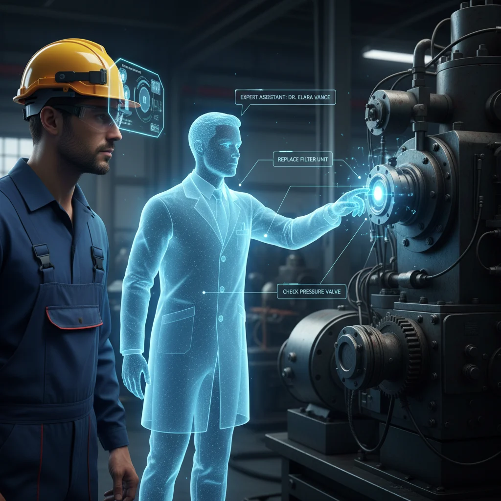Remote expert providing holographic guidance to a factory worker for machine maintenance via augmented reality.