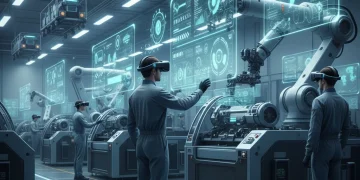 Workers using augmented reality headsets on a modern factory floor, interacting with holographic data overlays on machinery.