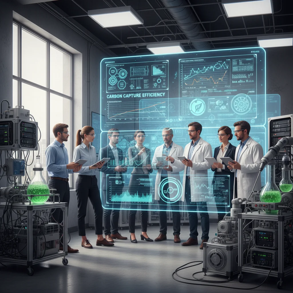 Scientists analyzing carbon capture and sustainable energy data in a lab