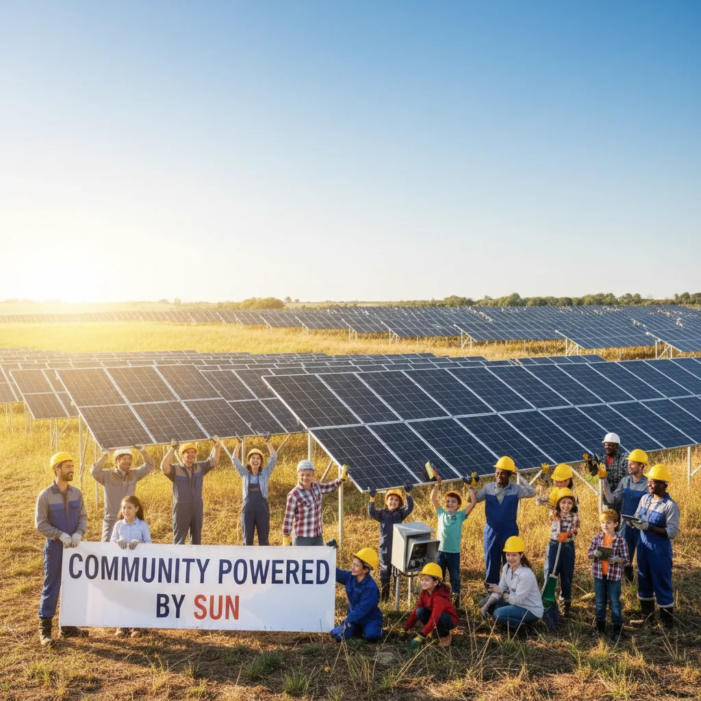 Community members working at a solar farm project, promoting renewable energy
