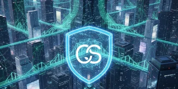 Futuristic digital cityscape with cybersecurity shield, representing business protection and data security.