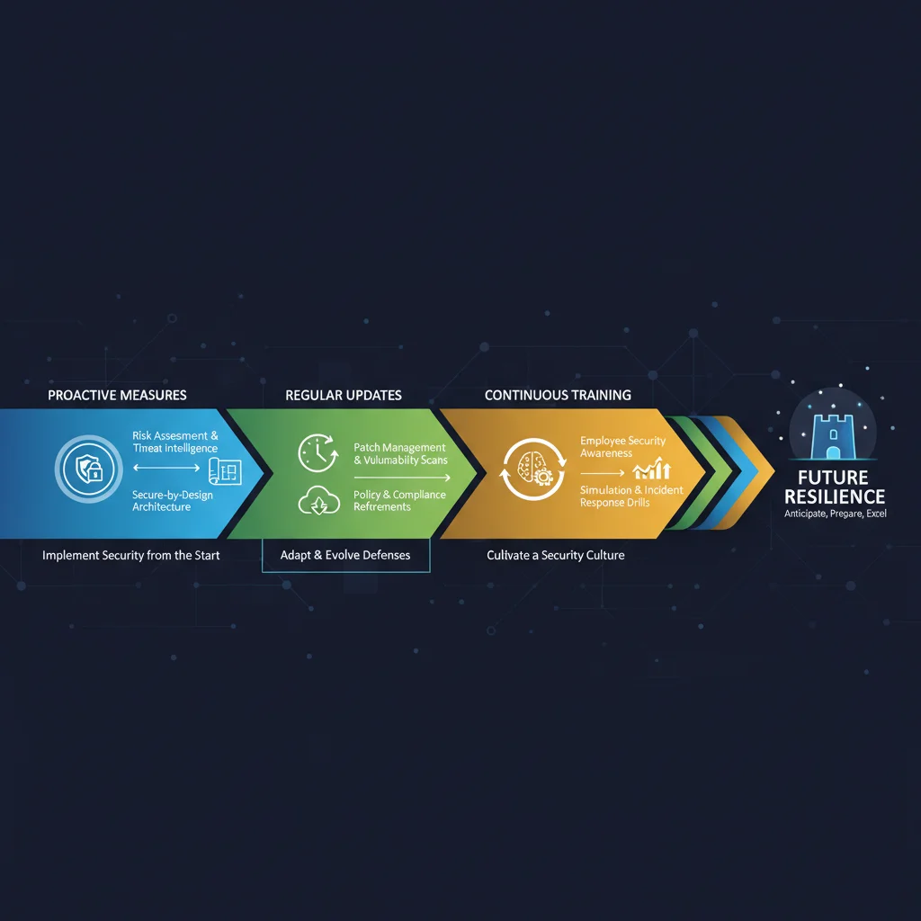Infographic depicting a cybersecurity strategy timeline with proactive measures and continuous improvement.
