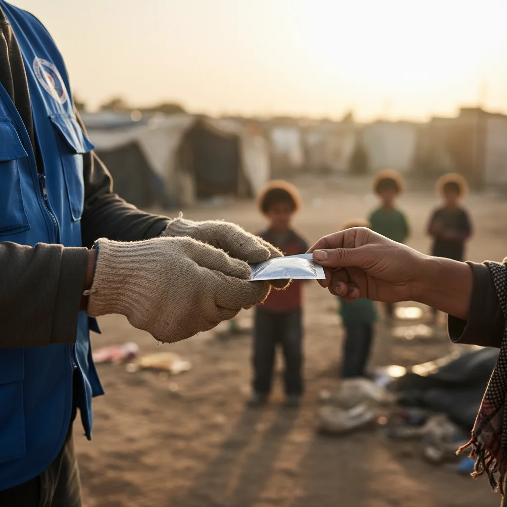Direct impact of humanitarian aid, showing an aid worker providing assistance to a person in need.