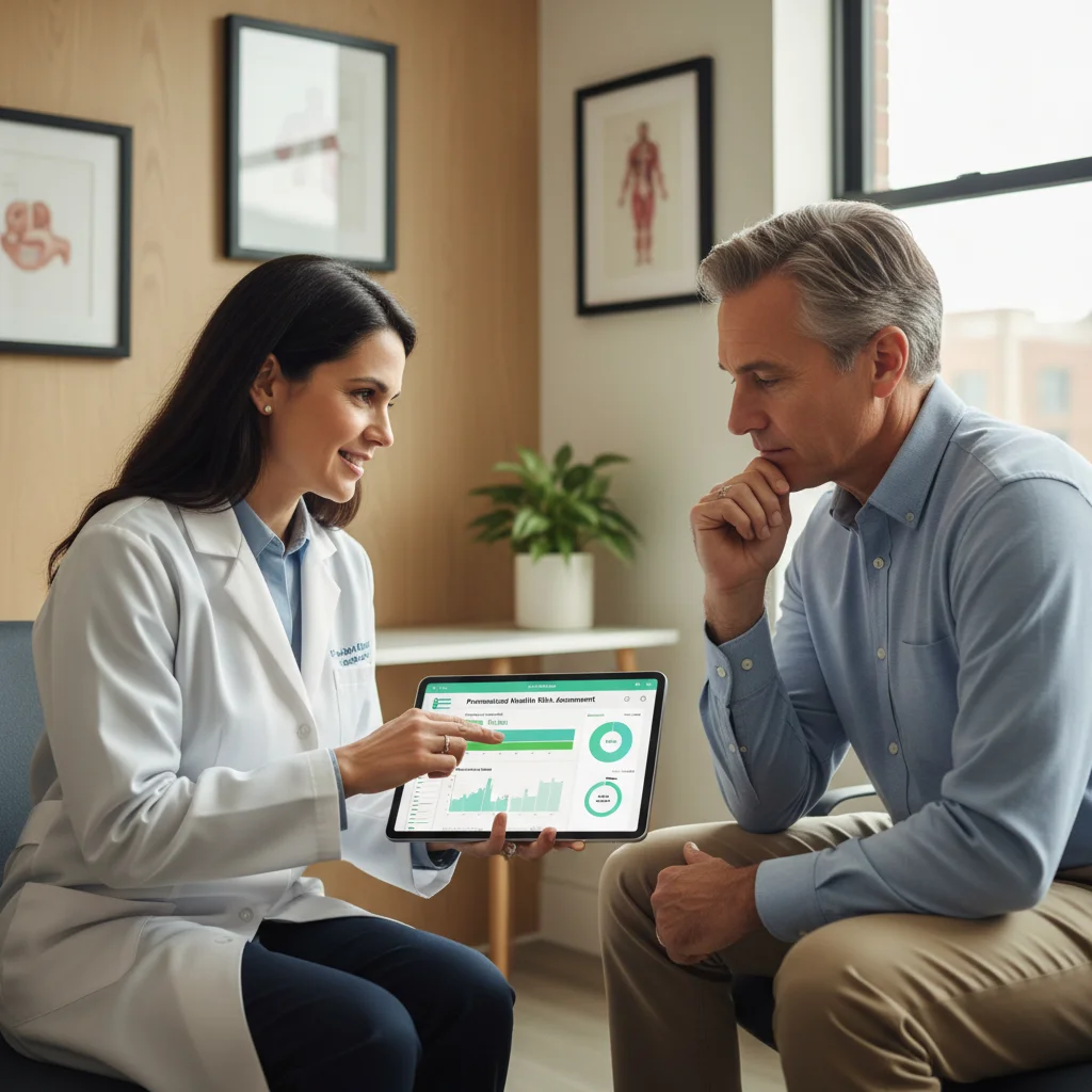 Doctor and patient discussing personalized health risk assessment and screening results