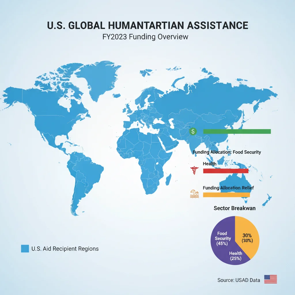 Infographic illustrating the global distribution and sectoral allocation of U.S. humanitarian aid.