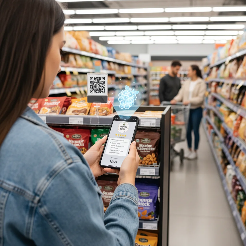 Shopper using smartphone for product information in a store, highlighting hybrid shopping experience.