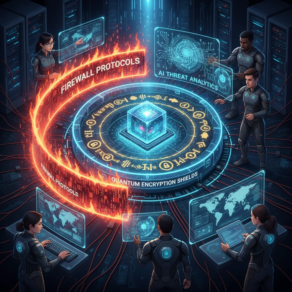 Multi-layered cybersecurity defense system with firewalls, AI, and encryption protecting a central data core.