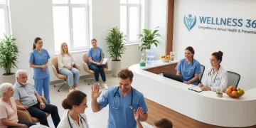 Diverse individuals receiving preventive health check-ups at a modern clinic