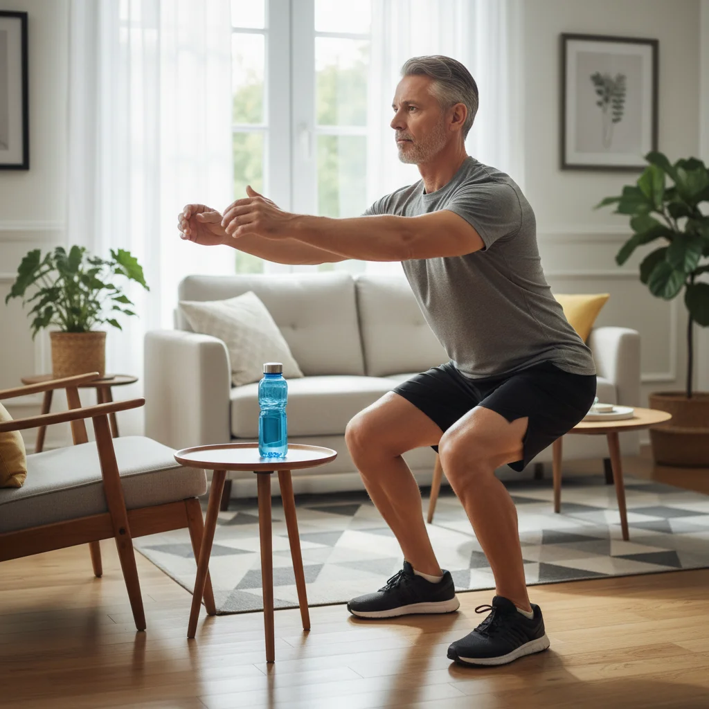 Senior man doing chair squats for lower body strength at home.