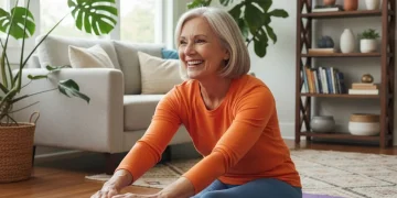 Senior woman stretching at home, symbolizing active aging and home fitness for over 50s.