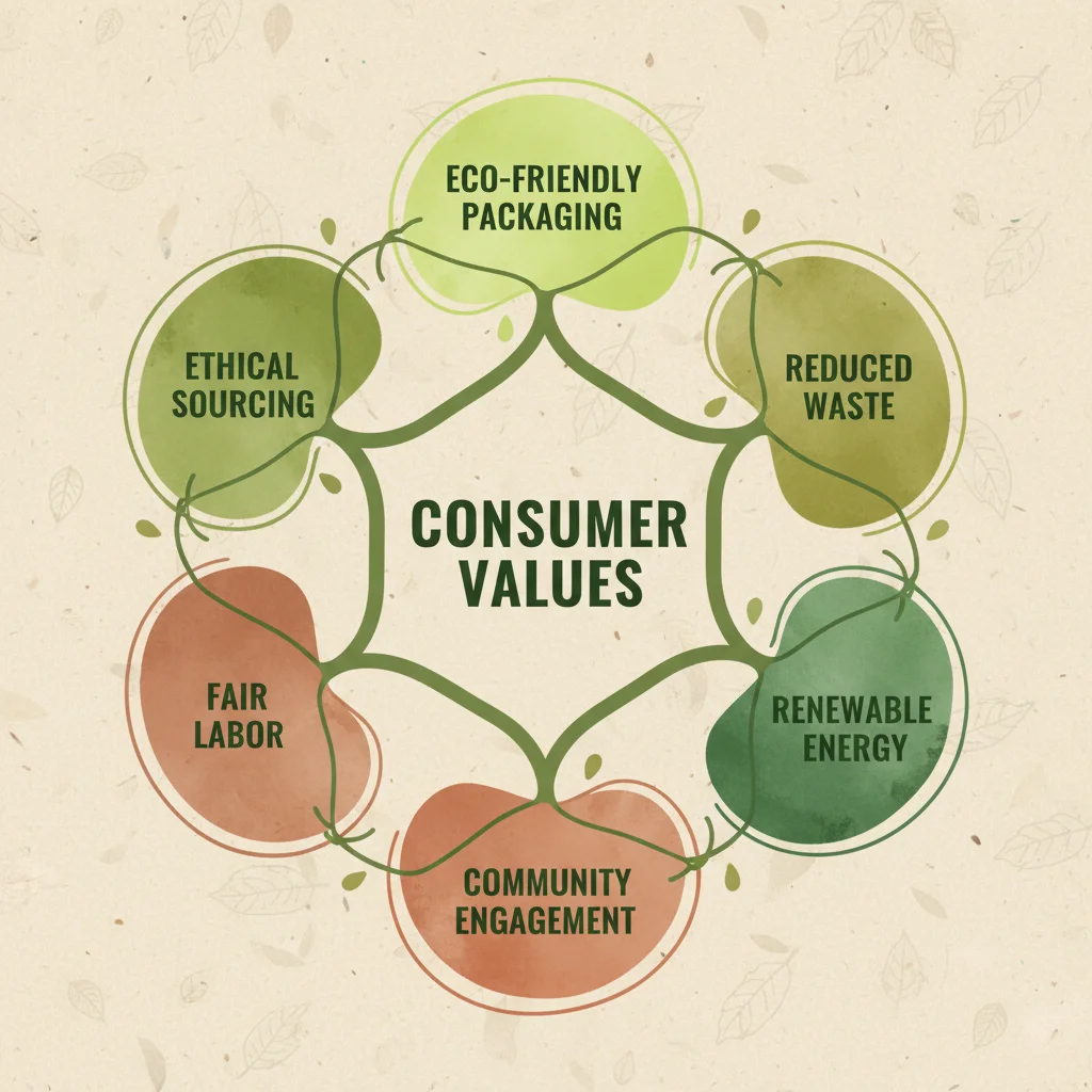 Infographic illustrating interconnected sustainable consumer values like eco-friendly packaging and ethical sourcing.