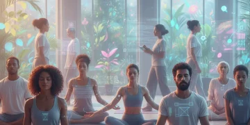 People practicing mindfulness and self-care in a futuristic setting, promoting mental well-being.