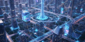 Futuristic cityscape with glowing 5G network lines connecting various IoT devices, symbolizing advanced connectivity and data flow.