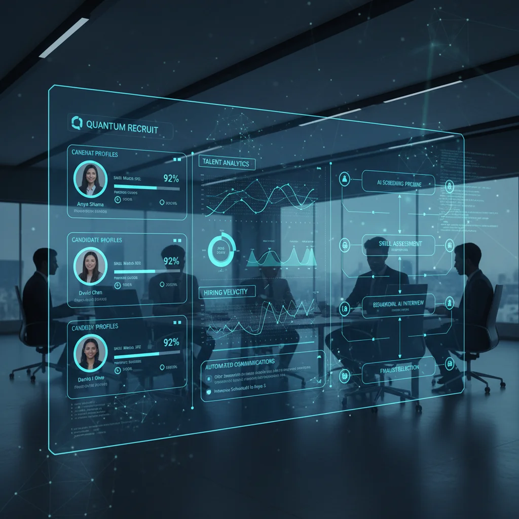 AI-powered recruitment platform dashboard with analytics and candidate data, showcasing HR tech.