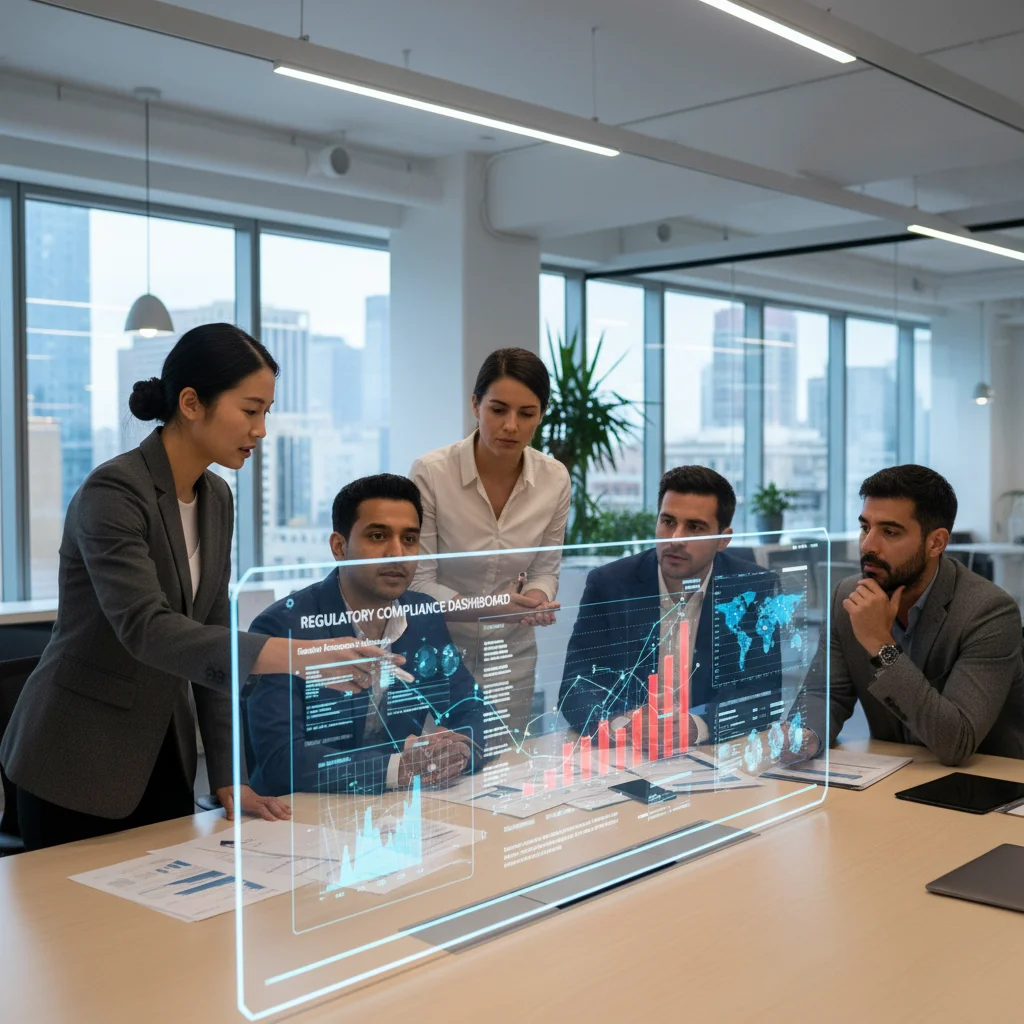 Compliance team analyzing regulatory data and risk assessments