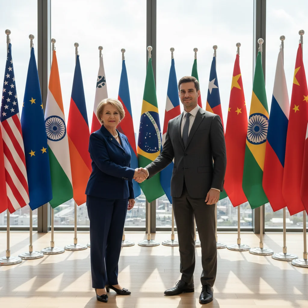 Diplomatic handshake signifying international cooperation and alliance