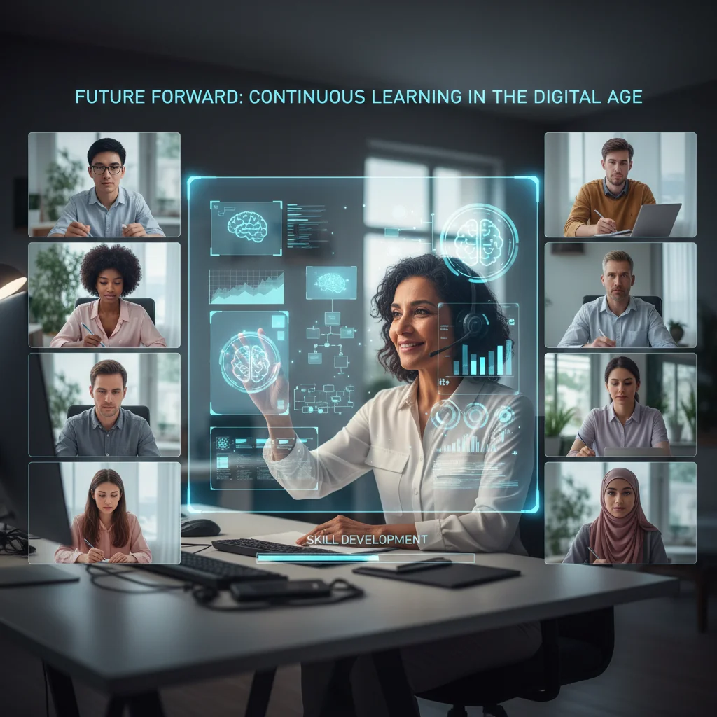 Diverse employees in virtual upskilling workshop, highlighting continuous learning and development.
