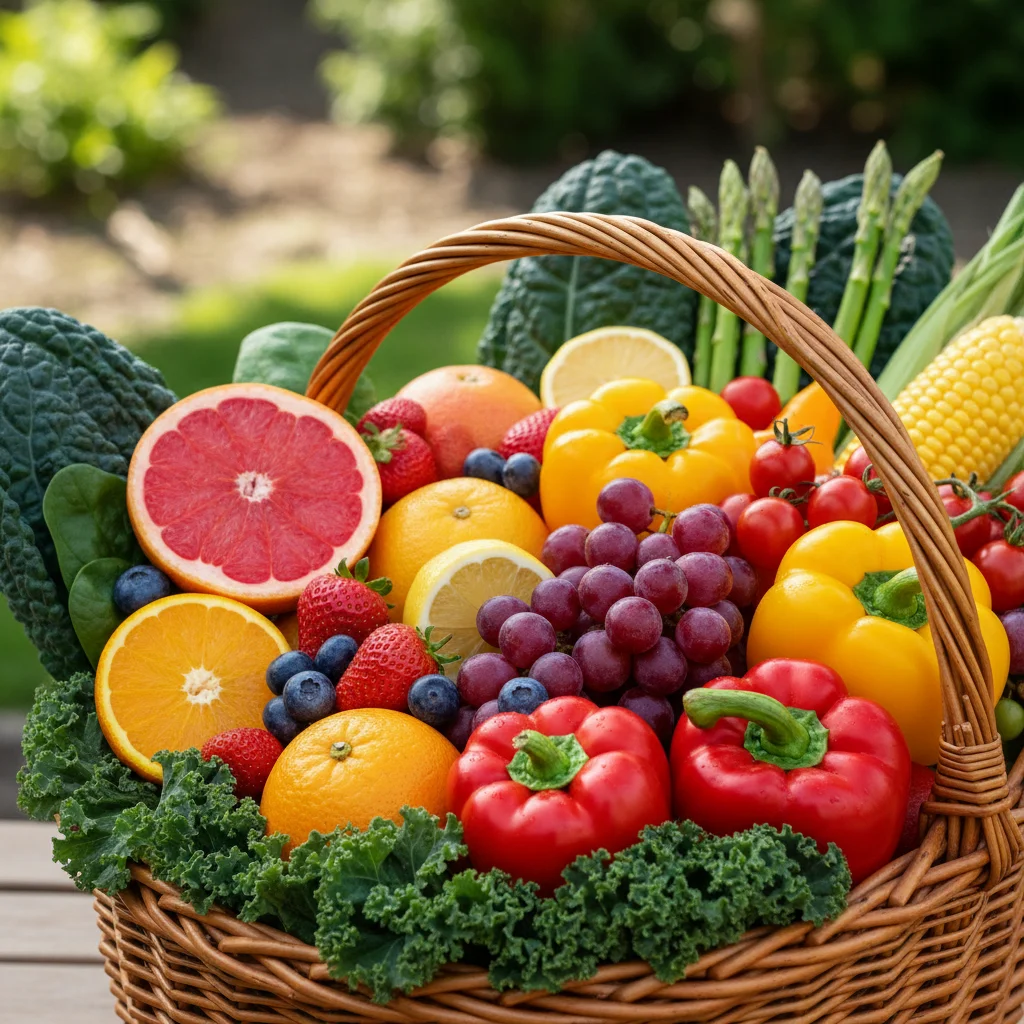 Assortment of fresh anti-inflammatory fruits and vegetables.